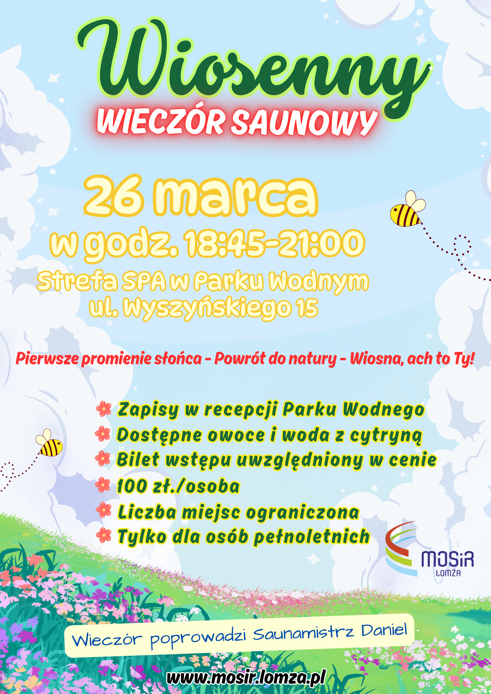 plakat promujący wiosenny wieczór saunowy w parku wodnym, grafika wiosna, kwiatki, niebo, trawa, pszczółka